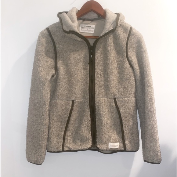 REI Women's Aureum Sherpa Fleece Hoodie, Cream with Olive Green Trim, sz XS - Picture 4 of 13